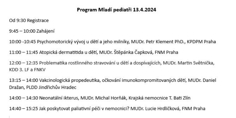 Program setkání Mladí pediatři 0
